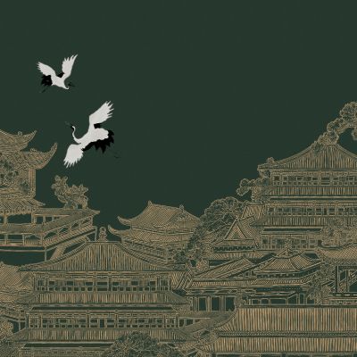 高清新中式亭台楼阁线条肌理背景墙壁画