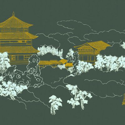 高清新中式亭台楼阁线条肌理背景墙壁画