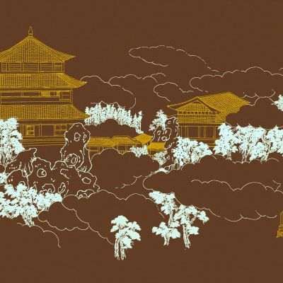 高清新中式亭台楼阁线条肌理背景墙壁画