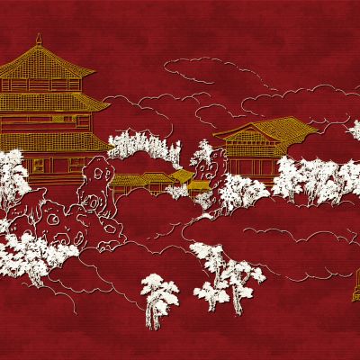 高清新中式亭台楼阁线条肌理背景墙壁画