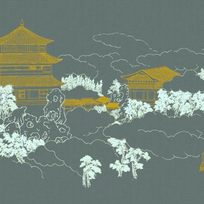 高清新中式亭台楼阁线条肌理背景墙壁画3D贴图