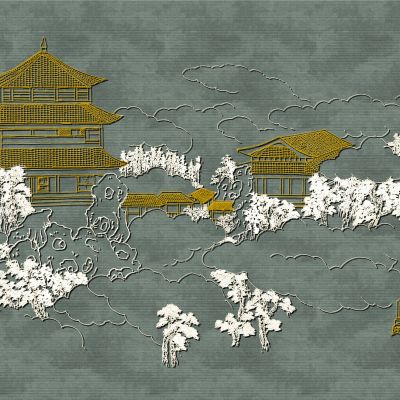 高清新中式亭台楼阁线条肌理背景墙壁画
