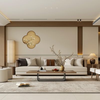 禅意新中式家居客厅 宋代美学沙发背景 新中式沙发茶几组 无主灯客厅 落地灯台灯 宋氏休闲椅