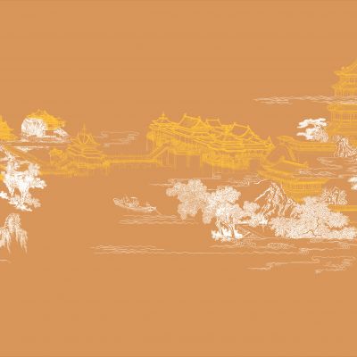 高清新中式亭台楼阁线条肌理背景墙壁画