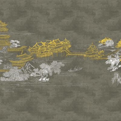 高清新中式亭台楼阁线条肌理背景墙壁画