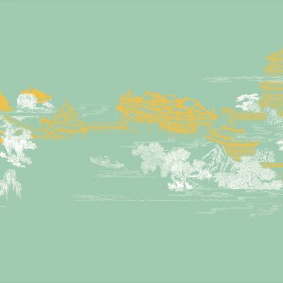 高清新中式亭台楼阁线条肌理背景墙壁画