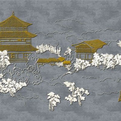 高清新中式亭台楼阁线条肌理背景墙壁画