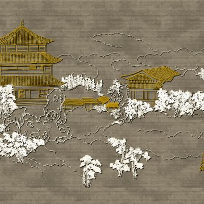 高清新中式亭台楼阁线条肌理背景墙壁画