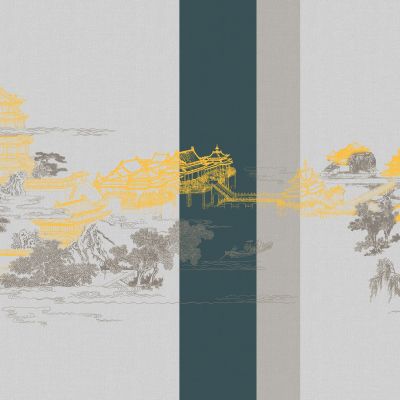 高清新中式亭台楼阁线条肌理背景墙壁画