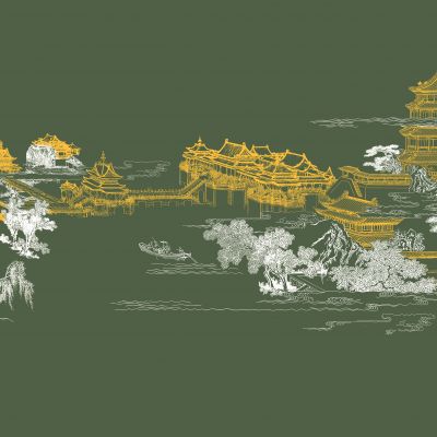 高清新中式亭台楼阁线条肌理背景墙壁画