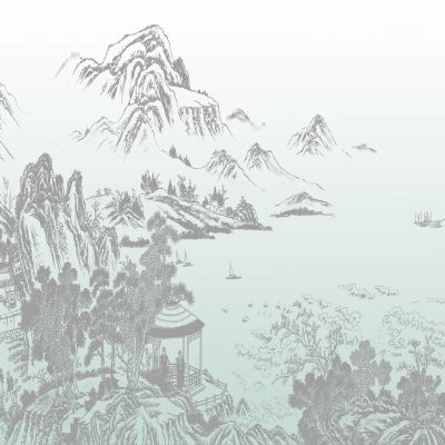 高清新中式亭台楼阁线条肌理背景墙壁画