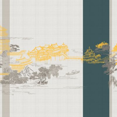 高清新中式亭台楼阁线条肌理背景墙壁画