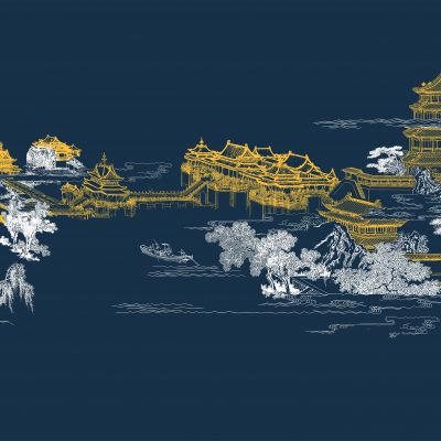 高清新中式亭台楼阁线条肌理背景墙壁画3D贴图