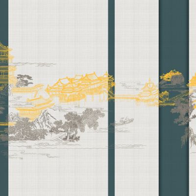 高清新中式亭台楼阁线条肌理背景墙壁画3D贴图