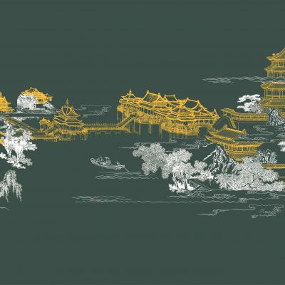 高清新中式亭台楼阁线条肌理背景墙壁画3D贴图