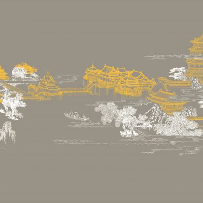 高清新中式亭台楼阁线条肌理背景墙壁画