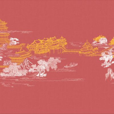 高清新中式亭台楼阁线条肌理背景墙壁画