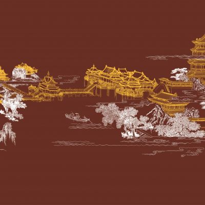 高清新中式亭台楼阁线条肌理背景墙壁画