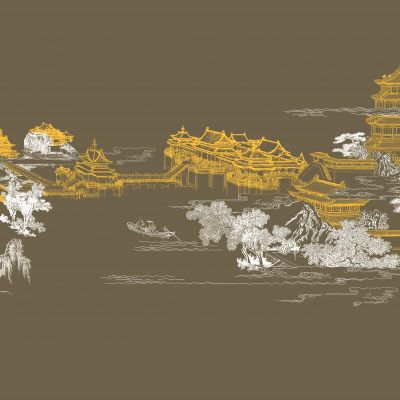 高清新中式亭台楼阁线条肌理背景墙壁画