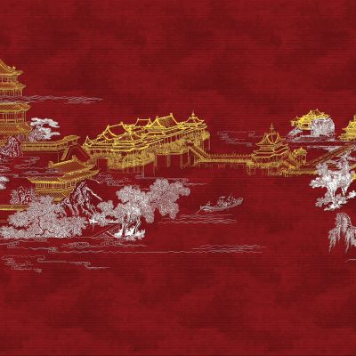 高清新中式亭台楼阁线条肌理背景墙壁画