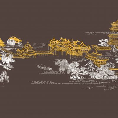 高清新中式亭台楼阁线条肌理背景墙壁画3D贴图