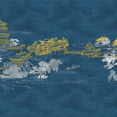 高清新中式亭台楼阁线条肌理背景墙壁画