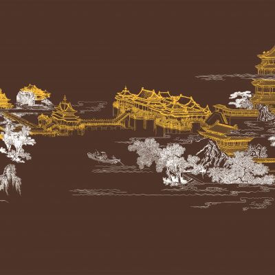 高清新中式亭台楼阁线条肌理背景墙壁画