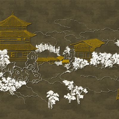 高清新中式亭台楼阁线条肌理背景墙壁画