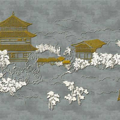 高清新中式亭台楼阁线条肌理背景墙壁画