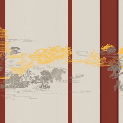 高清新中式亭台楼阁线条肌理背景墙壁画