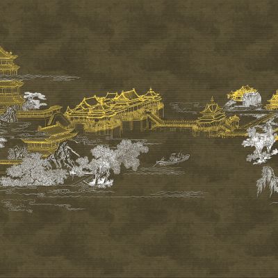 高清新中式亭台楼阁线条肌理背景墙壁画