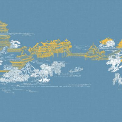 高清新中式亭台楼阁线条肌理背景墙壁画3D贴图