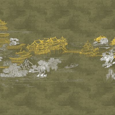 高清新中式亭台楼阁线条肌理背景墙壁画