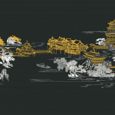 高清新中式亭台楼阁线条肌理背景墙壁画