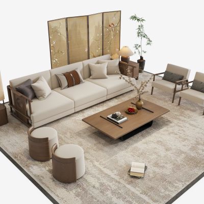 禅意新中式沙发茶几组合 宋氏屏风 宋代美学家具 台灯落地灯 休闲椅