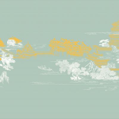 高清新中式亭台楼阁线条肌理背景墙壁画