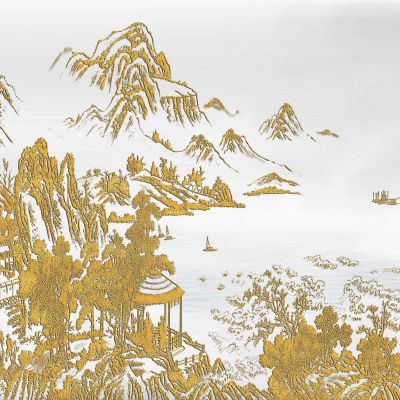 高清新中式亭台楼阁线条肌理背景墙壁画