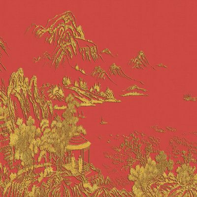 高清新中式亭台楼阁线条肌理背景墙壁画