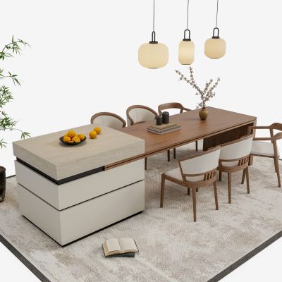 禅意新中式岛台餐桌椅组合 餐厅吊灯 宋代美学 餐桌摆件