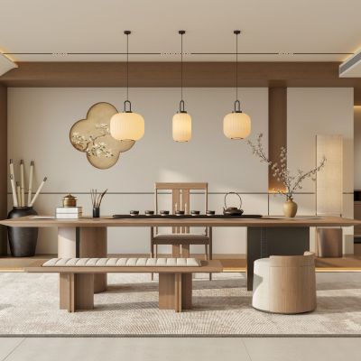 禅意新中式茶室 宋代美学背景墙 宋式会所茶室 茶桌椅组合 茶室吊灯 茶室摆件