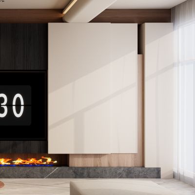 意式 中古风 内嵌电视 几何造型 火焰壁炉 造型地柜 电视墙