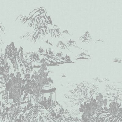 高清新中式亭台楼阁线条肌理背景墙壁画