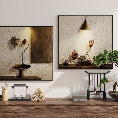 现代新中式禅意中古风侘寂风挂画墙饰装饰画组合3D模型