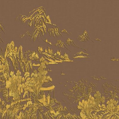 高清新中式亭台楼阁线条肌理背景墙壁画