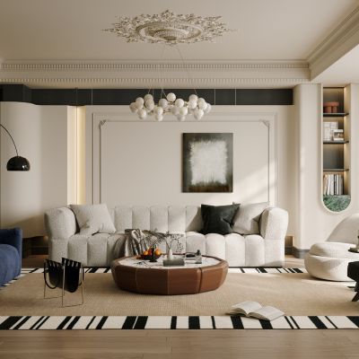 法式复古家居客厅 横厅 高级灰客厅 大平层客厅