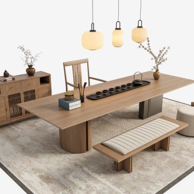 禅意新中式茶桌椅组合 大板桌茶台 宋代美学茶桌 宋式吊灯 茶柜边柜