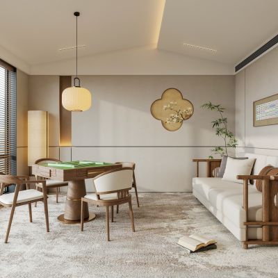 禅意新中式棋牌室 宋代美学背景墙 布艺双人沙发 麻将桌椅 吊灯落地灯 宋式棋牌室