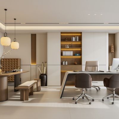 禅意新中式董事长办公室 经理办公室 办公桌椅书柜 新中式茶台茶桌 宋式吊灯 宋代美学背景墙3D模型