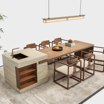 禅意新中式餐桌椅 岛台餐桌椅组合 宋代美学餐厅吊灯 餐桌摆件 水槽岛台 长方形餐桌椅