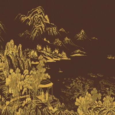 高清新中式亭台楼阁线条肌理背景墙壁画